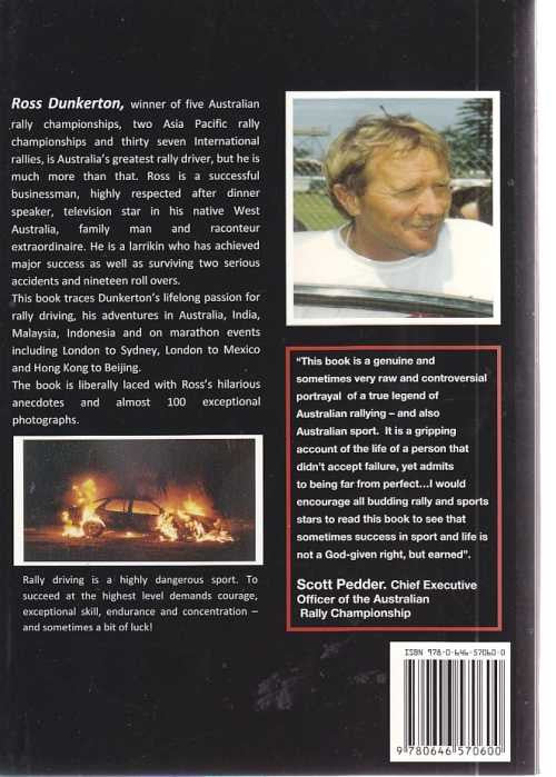 Back cover of racing memoir book with two photos, text blocks, and barcode