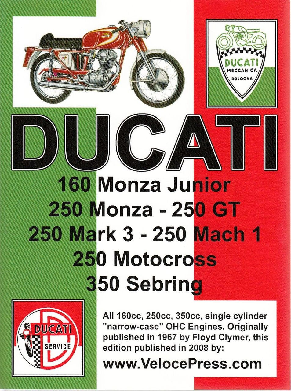 Ducati workshop manual cover with motorcycle photo, Ducati logo, 160 Monza Junior and 250 models