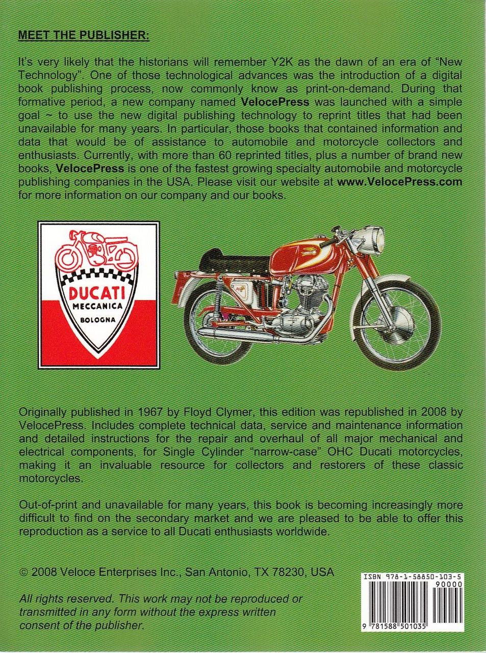 Workshop manual cover for Ducati OHC narrow-case single-cylinder with motorcycle, crest, barcode