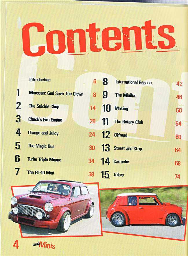Book contents page with Mini car photos and numbered chapter list