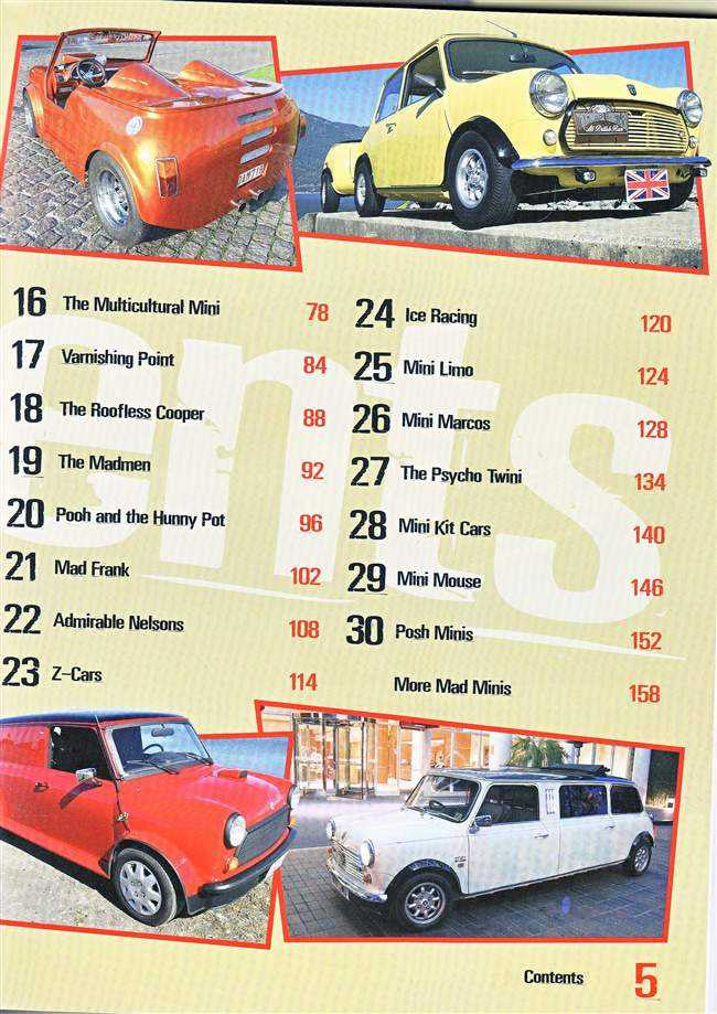 Book contents page with multiple Mini car thumbnails and numbered sections