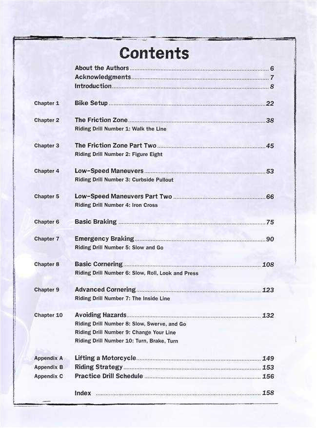 Motorcycle training book contents page with chapter list and page numbers