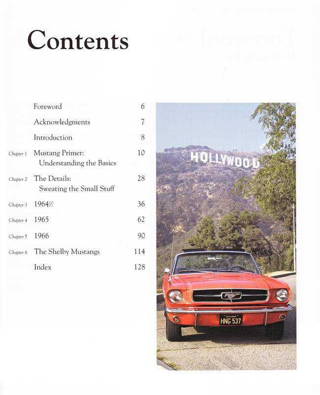 Book contents page with chapter list and red Mustang front car photo on right