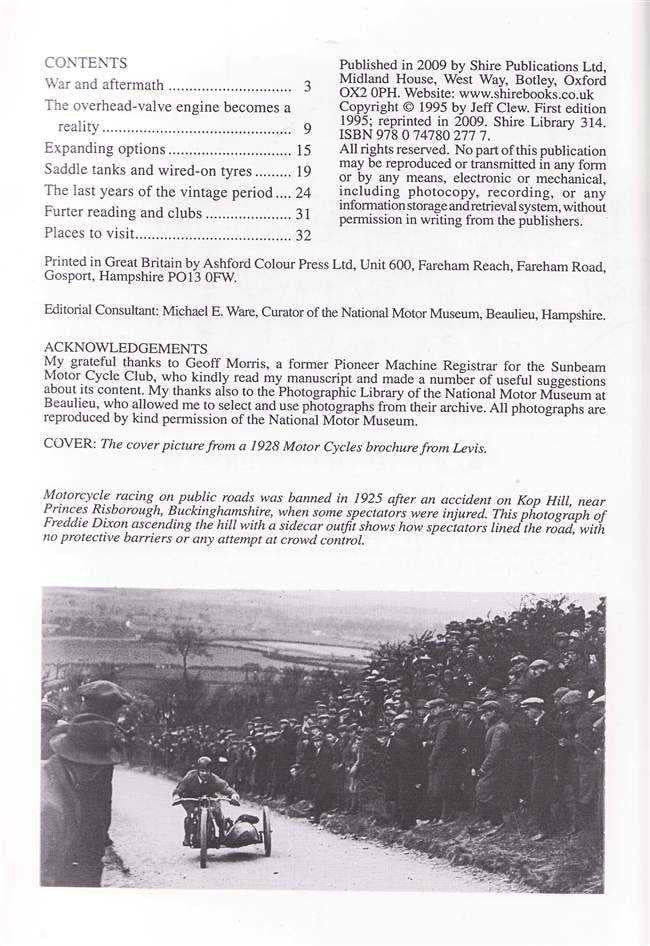 Vintage Motorcycles book page with black-and-white photo and caption text