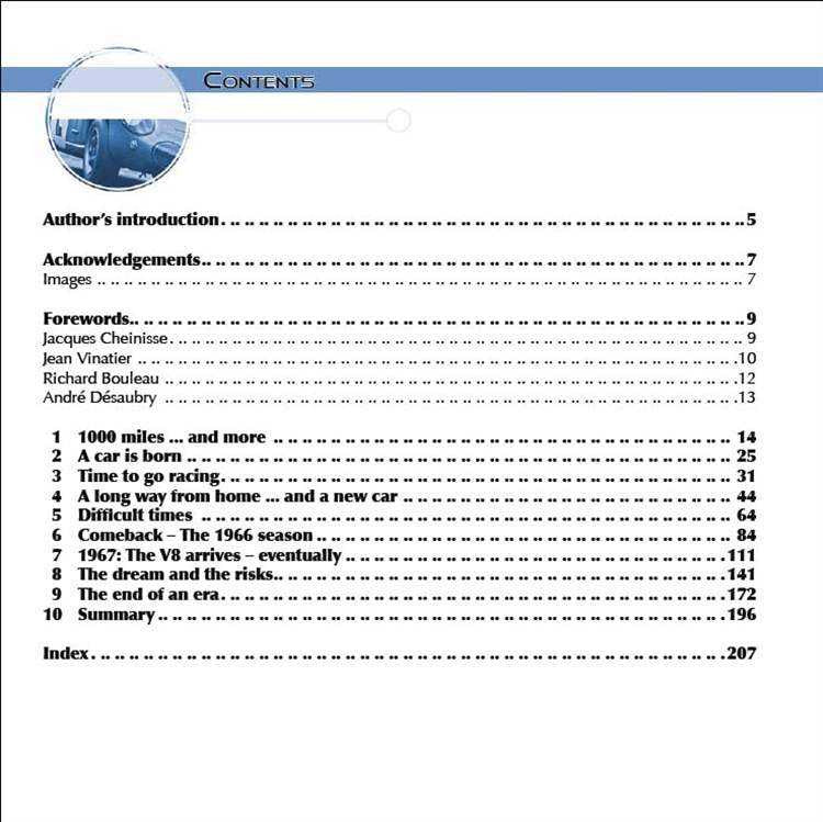 Book contents page with section list and page numbers