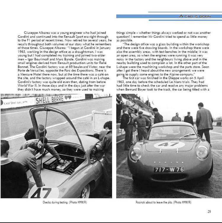 Book interior spread with two black-and-white race car photos and captions