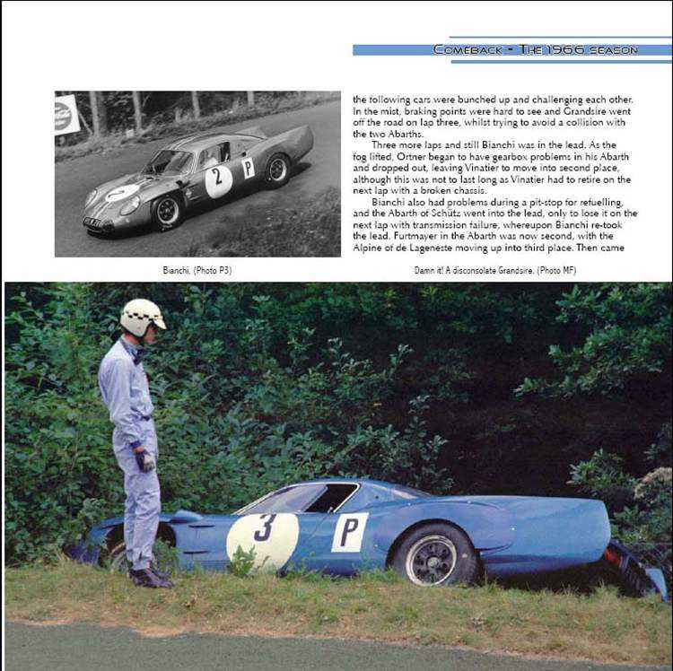 Book interior spread with blue race car photos and a suited person