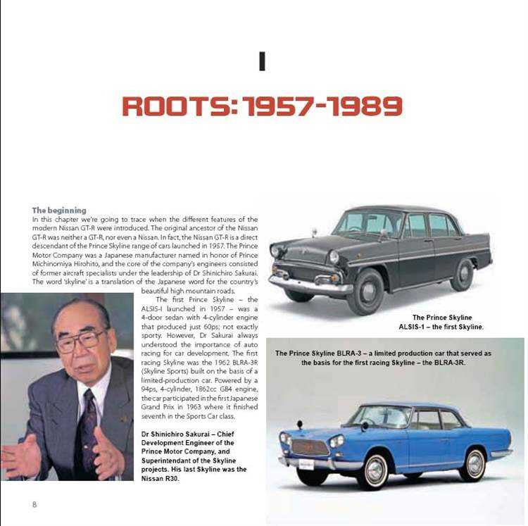 Book page titled 'ROOTS:1957-1989' with vintage car photos and portrait
