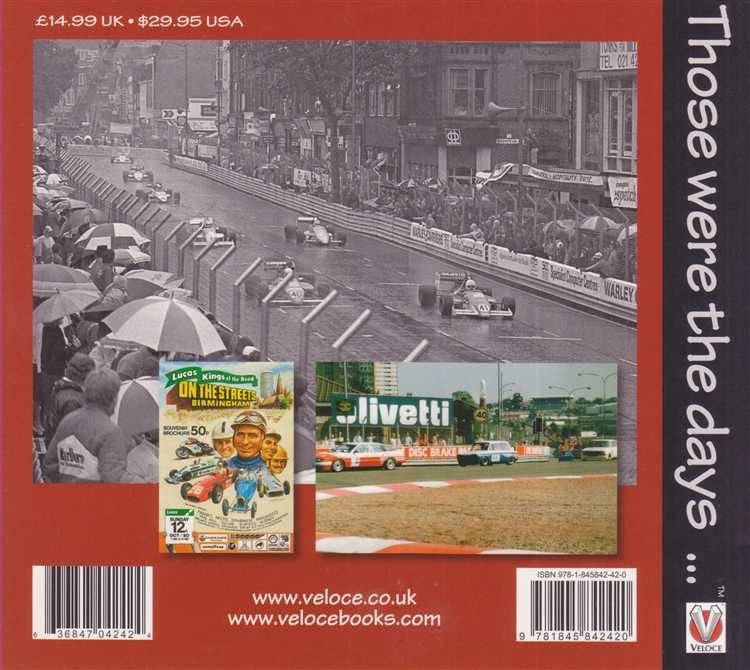 Motorsport book back cover with car and crowd photo collage, barcode, and Veloce logo