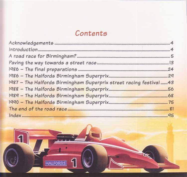 Motorsport book contents page with chapter list and red open-wheel race car illustration