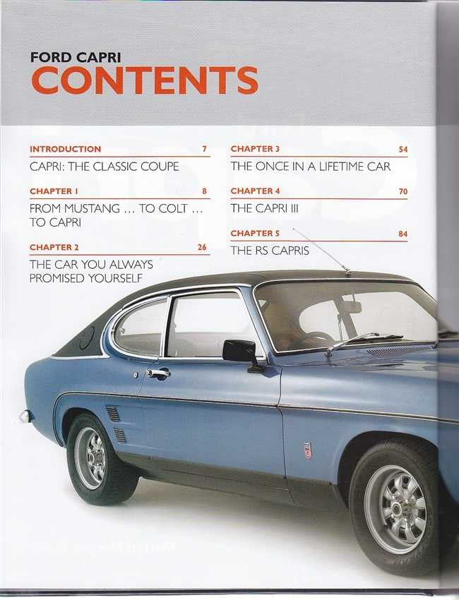 Ford Capri contents page with blue classic coupe photo and chapter list