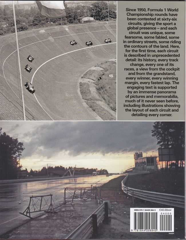 Racing circuits guide book back cover with track photo collage and printed text