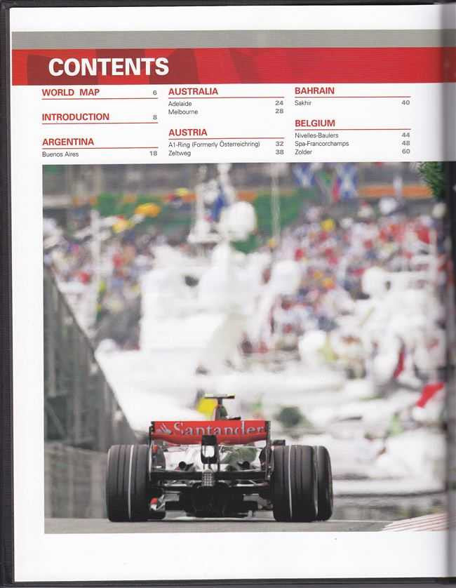 Racing circuits guide book contents page with red header and blurred race car photo