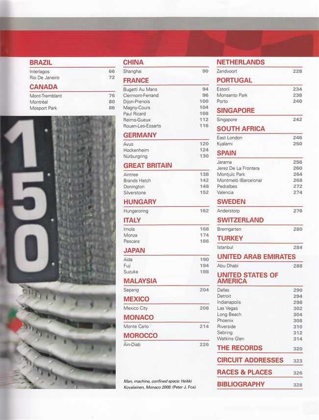 Racing circuits guide book page with large '1950' graphic and country list columns
