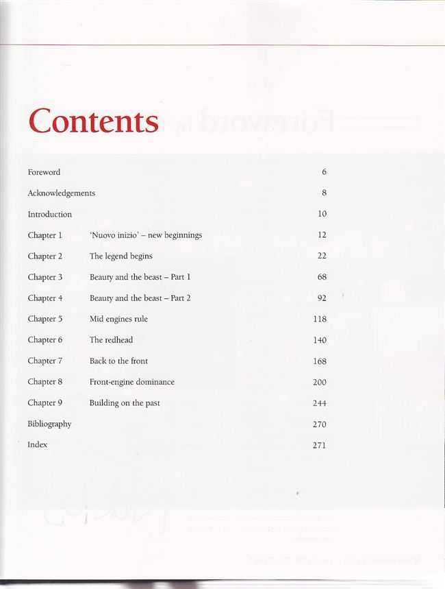 Ferrari Design book contents page with chapter list and page numbers
