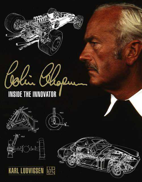 Automotive innovation book cover with portrait of Colin Chapman and car blueprint art