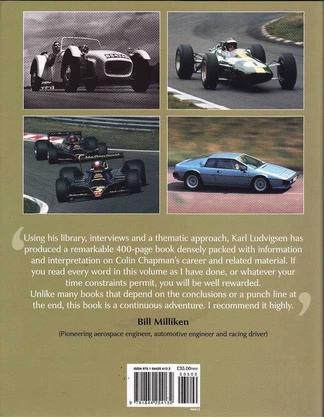 Automotive engineering biography book cover with racing car collage and title text