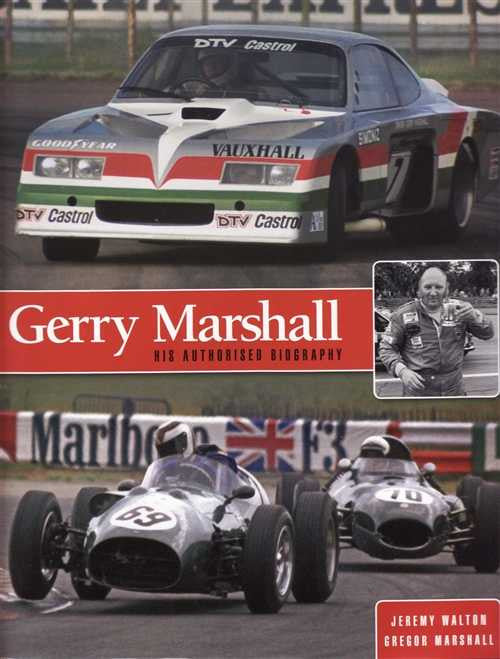 Biography book cover with racing cars, Union Jack flags, and author photo.