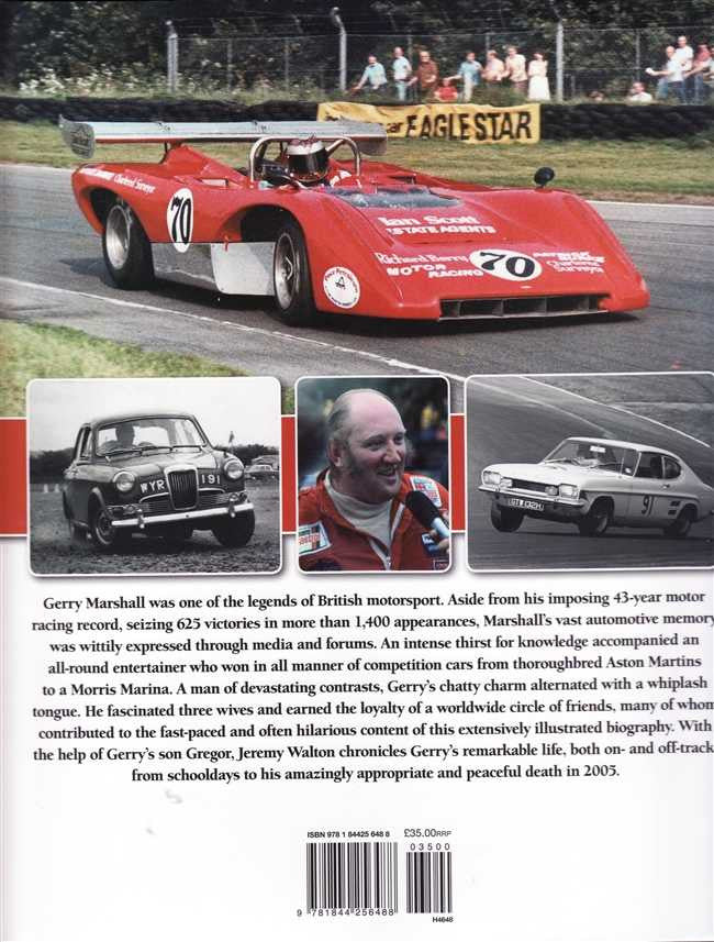 Biography book cover with red racing car photos and author portrait.