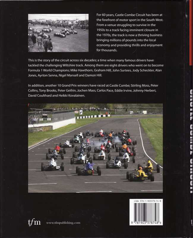 Paperback book with race circuit history, track photo inset and barcode on back cover