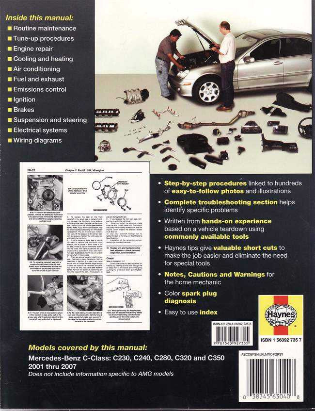 Workshop manual spread showing car repair tools, engine bay photos, and diagnostic diagrams