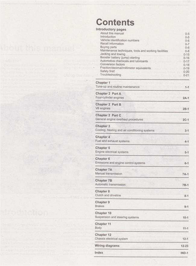 Workshop manual contents page with a chapter list and numbered section headings