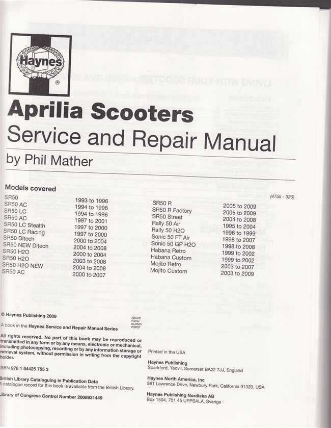Aprilia SR50, Rally, Sonic, Habana, Mojito Scooters 1993 - 2009 Workshop Manual