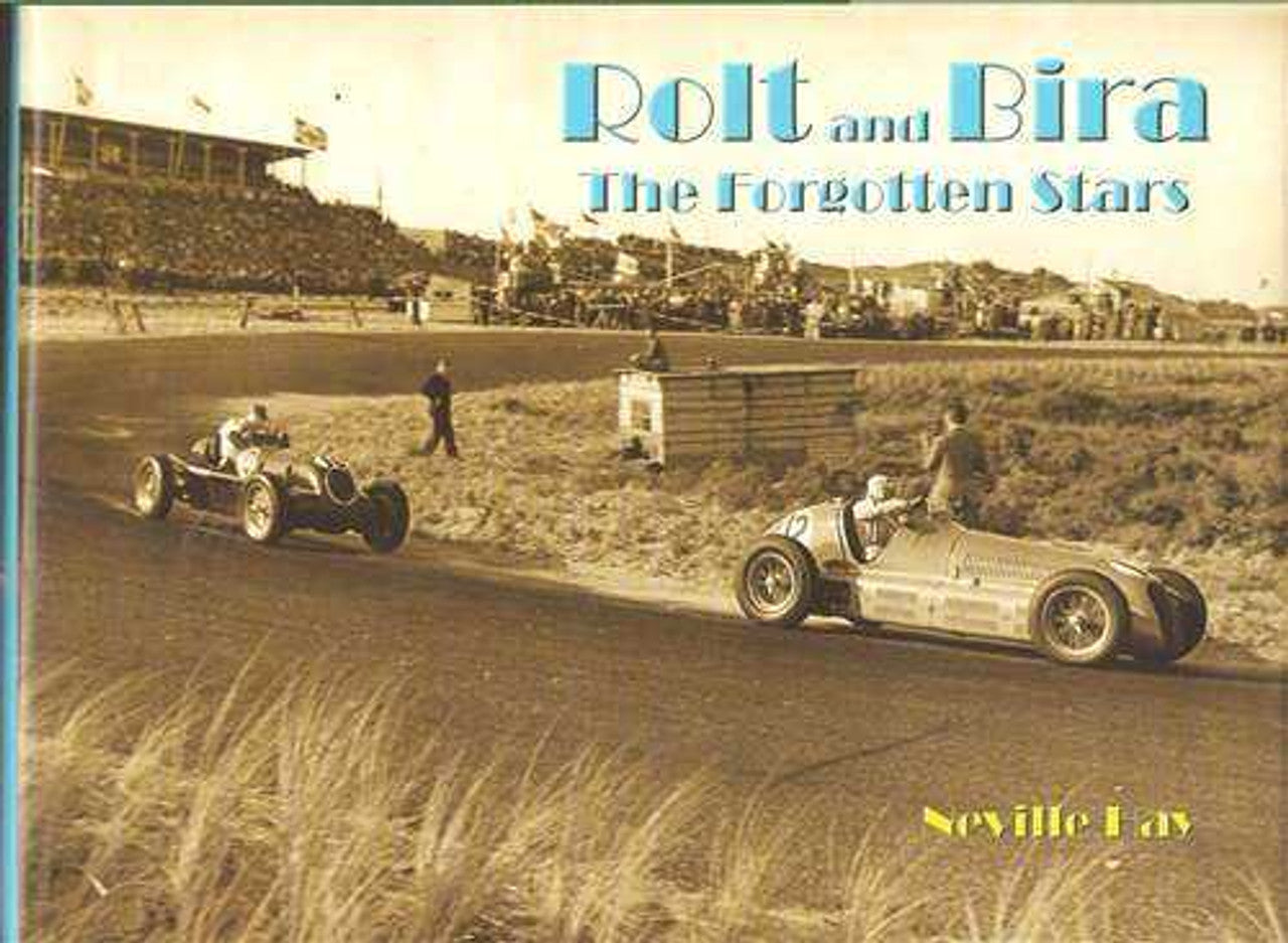 Motorsport book cover with two classic race cars on track and title text
