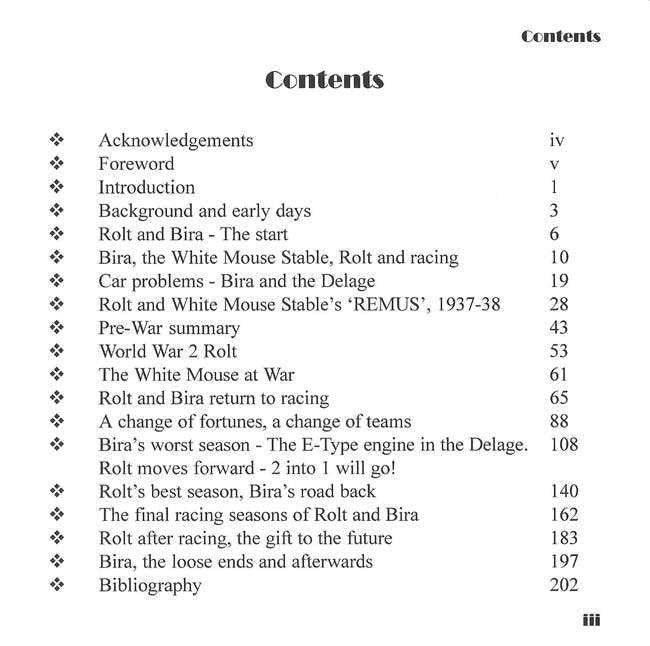 Book table of contents page with section headings and page numbers