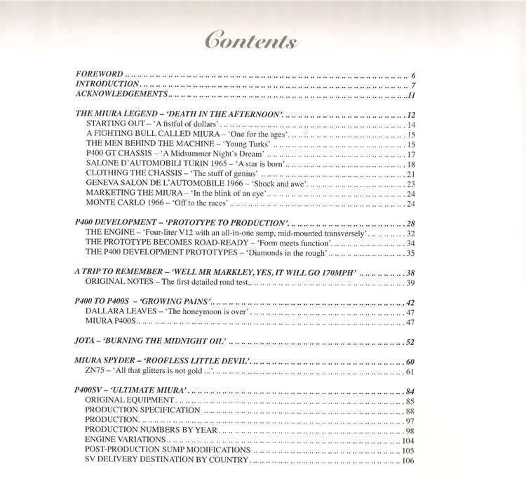 Automotive reference book contents page with 'Contents' title and numbered sections