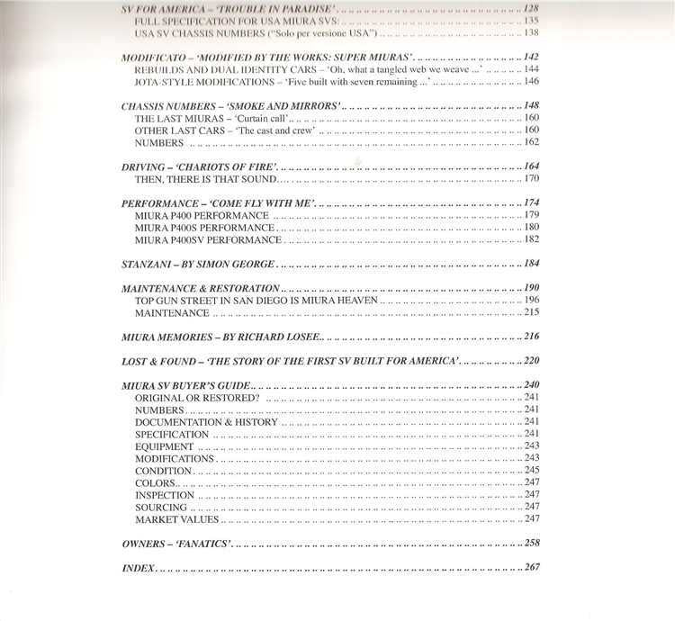 Automotive reference book index page with headings and page numbers, including Owners