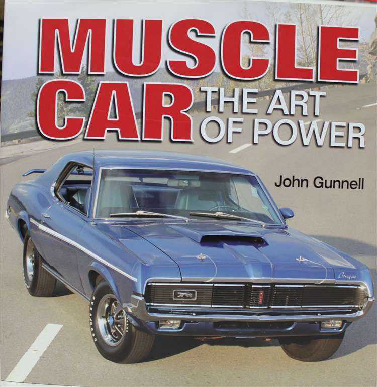Automotive book cover with red title text and blue muscle car front view