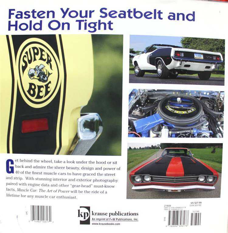 Automotive book back cover with green panel, car photos, and instructions text