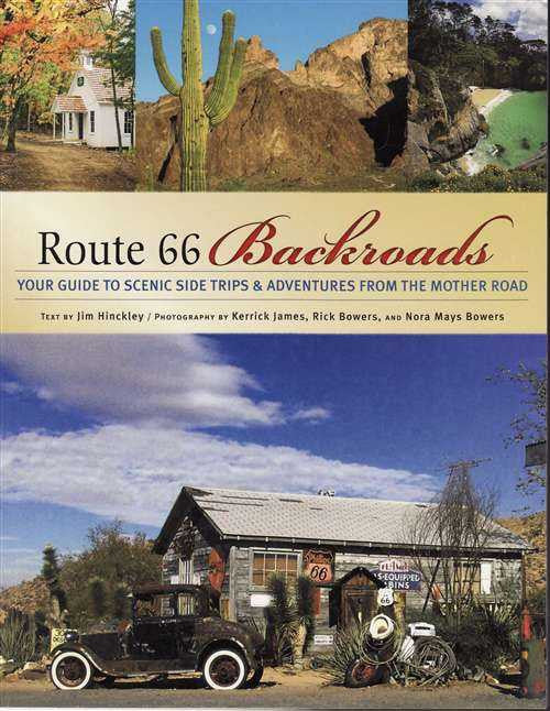 Travel guide book cover with classic car and desert landscape photo