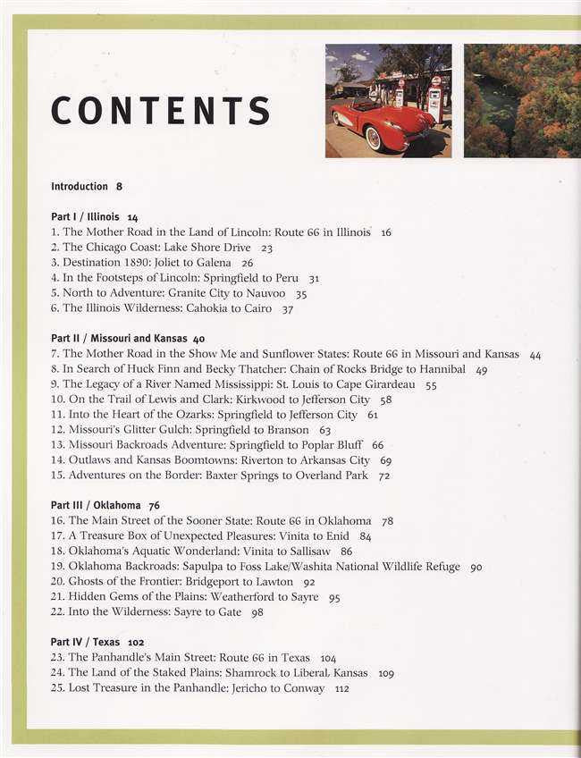 Book contents page with route trip sections listed for multiple states