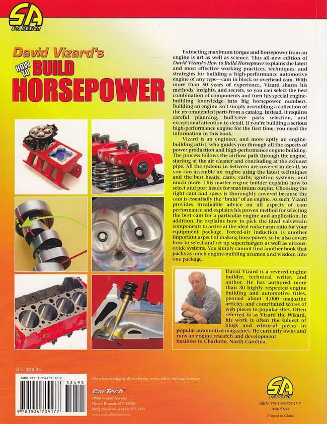 How-to horsepower book cover with red title, engine parts collage, and SA logo