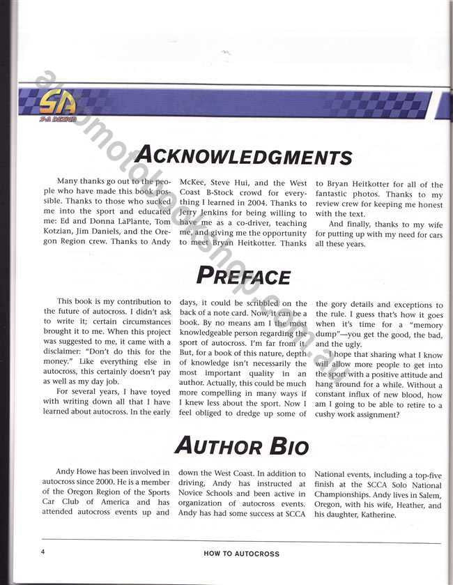 How to Autocross acknowledgments, preface, and author bio page