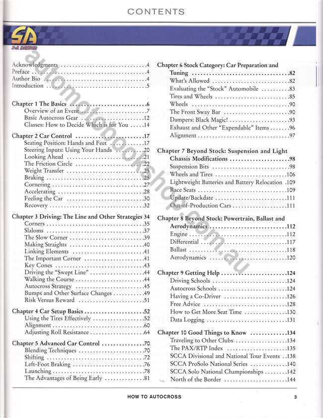 How to Autocross book contents page with chapter list and numbers