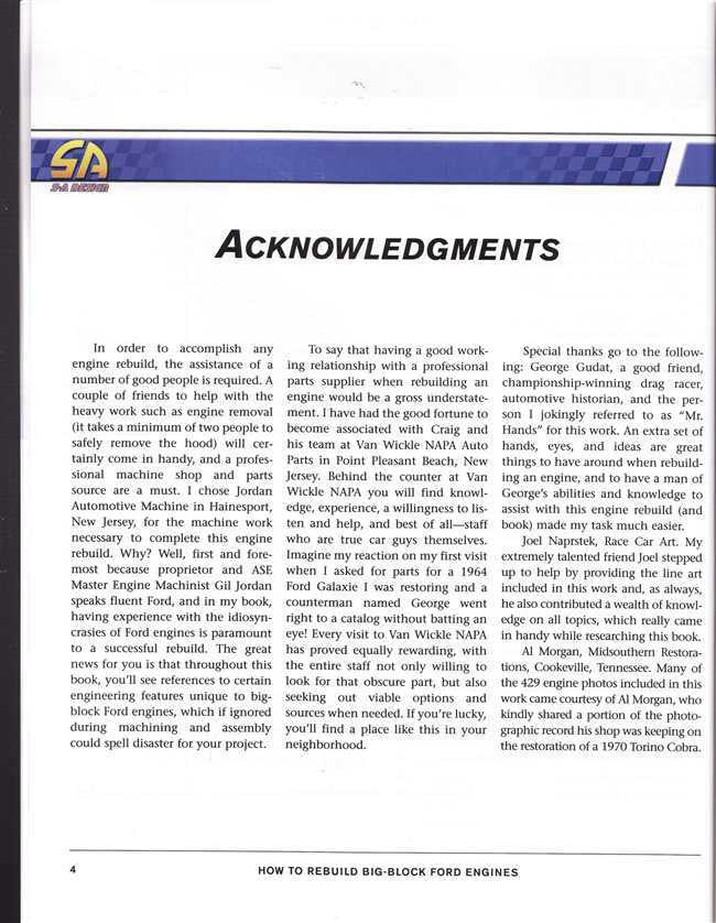 Big-block Ford engine rebuild guide book acknowledgments page with paragraph text