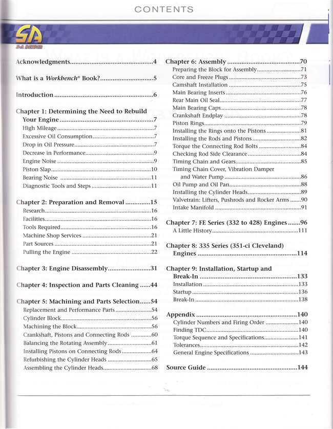 Big-block Ford engine rebuild guide book contents page with chapter list