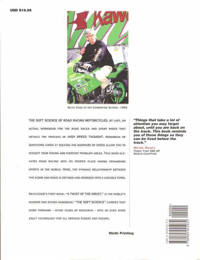 Motorcycle cornering training book, back cover text and barcode, Ninth Printing