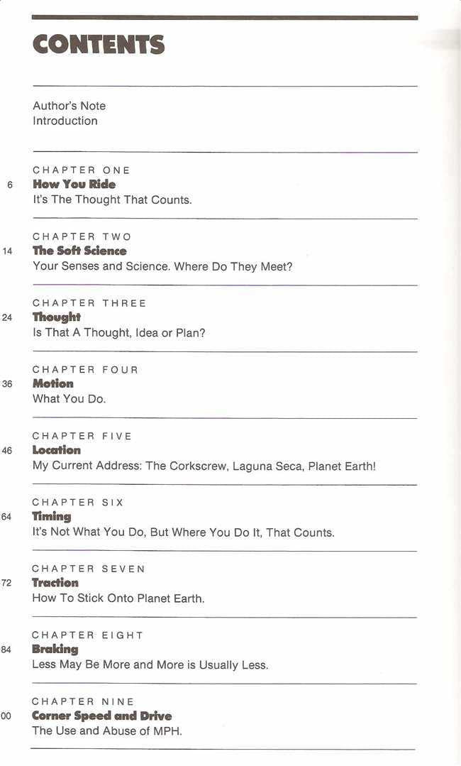 Motorcycle training book contents page with chapter list and page numbers