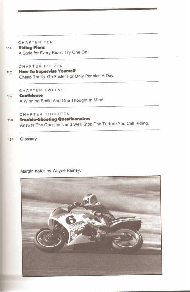 Motorcycle training book page with chapter headings and action photo