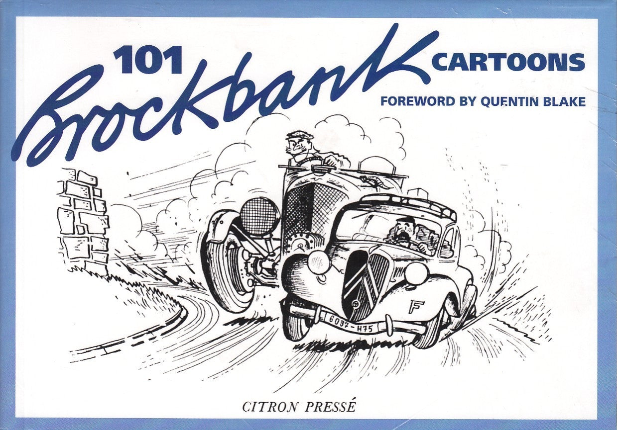 Front cover of 101 Brockbank Cartoons book with illustrated car on road