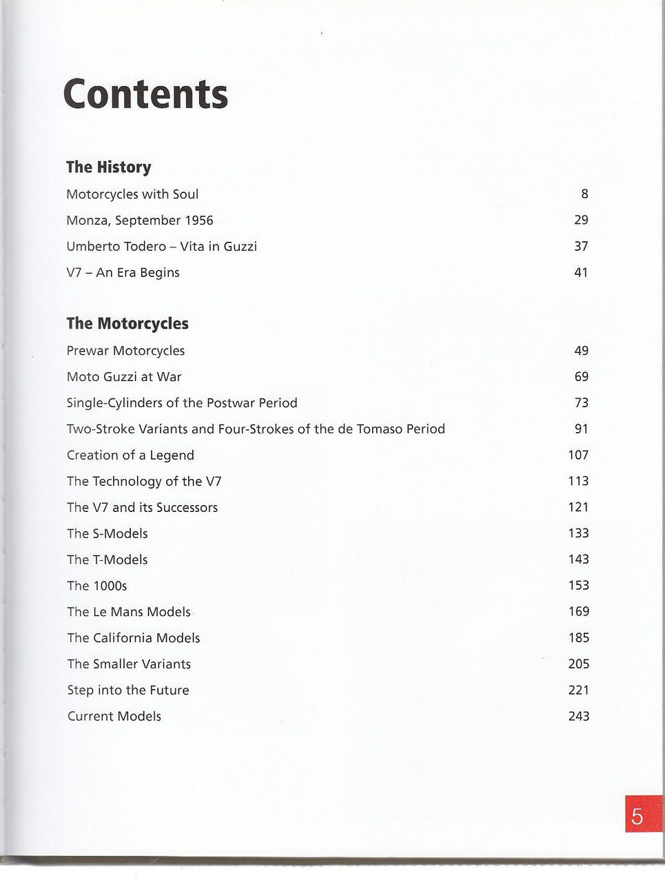 Motorcycle history contents page with section list and page numbers