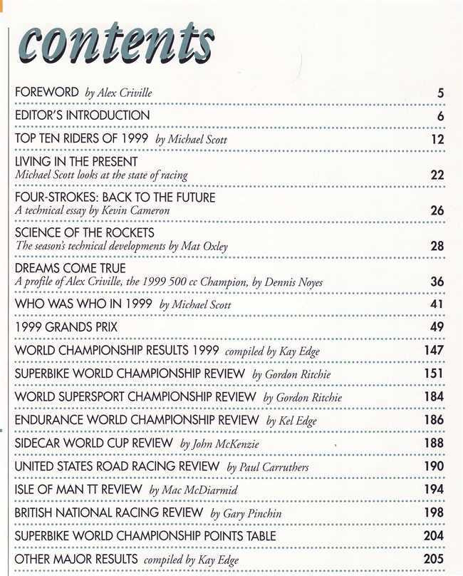 Book table of contents page with section headings and page numbers.