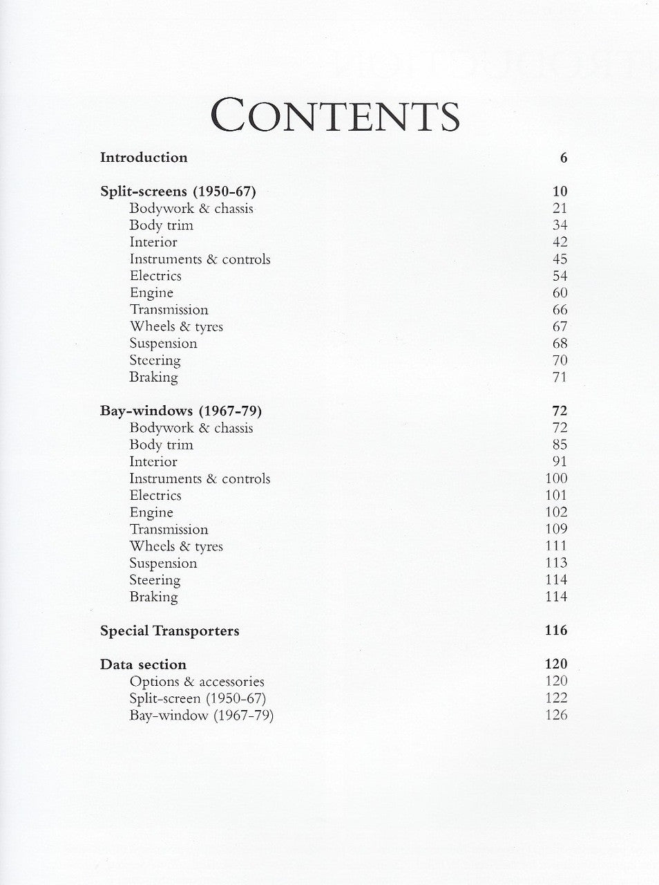 Restorer's guide book contents page listing sections for 1950–1979 VW Bus