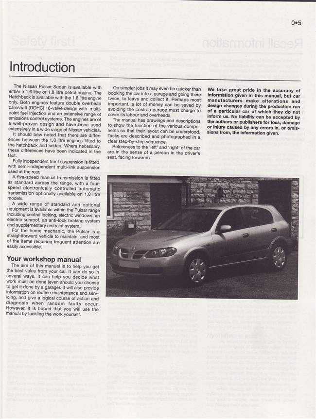 Nissan Pulsar N16 Series 1.6L, 1.8L Petrol 2000 - 2005 Workshop Manual