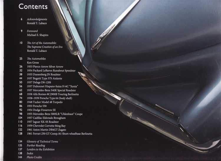 Automobile book contents page with close-up of car dashboard and trim