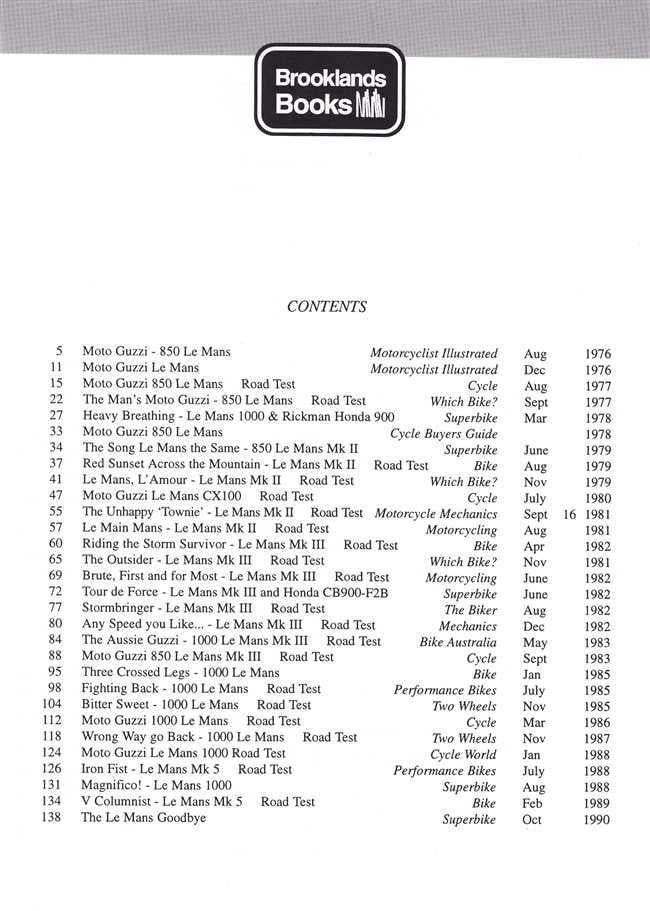 Book contents page with “CONTENTS” header and lists of tests, models, and dates